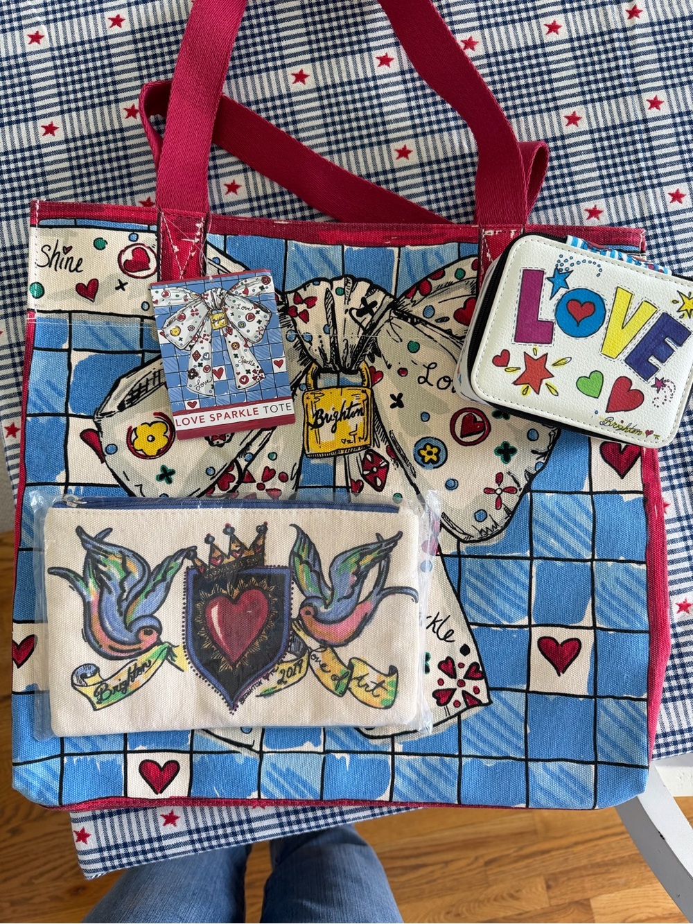 Brighton Blue and Pink Love Sparkle Tote with Bow and Patchwork Hearts - Picture 12 of 13
